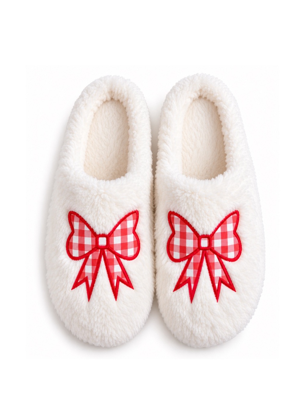 Luna Mellow White Plush Slippers Red Gingham Bow L 8-9 NWT